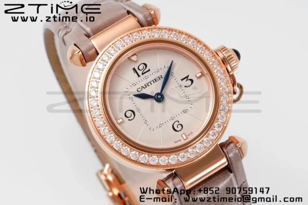 Cartier Pasha 30mm RG AF 1:1 Best Edition White Textured Dial Diamonds Bezel on Gray Leather Strap Jaq Quartz - Super Clone Watch | 1:1 Best Version