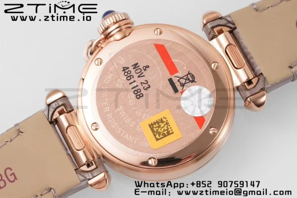 Cartier Pasha 30mm RG AF 1:1 Best Edition White Textured Dial Diamonds Bezel on Gray Leather Strap Jaq Quartz - Super Clone Watch | 1:1 Best Version