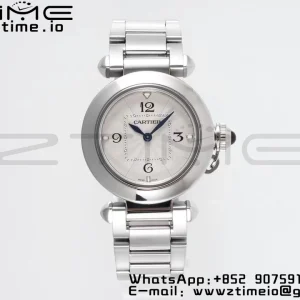 Cartier Pasha 30mm SS AF 1:1 Best Edition White Textured Dial on SS Bracelet Jaq Quartz - Super Clone Watch | 1:1 Best Version