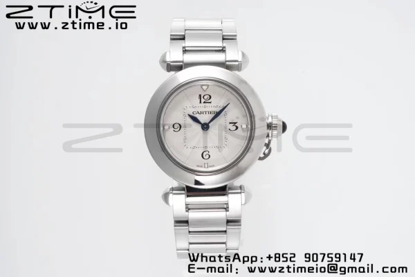Cartier Pasha 30mm SS AF 1:1 Best Edition White Textured Dial on SS Bracelet Jaq Quartz - Super Clone Watch | 1:1 Best Version