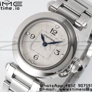 Cartier Pasha 30mm SS AF 1:1 Best Edition White Textured Dial on SS Bracelet Jaq Quartz - Super Clone Watch | 1:1 Best Version