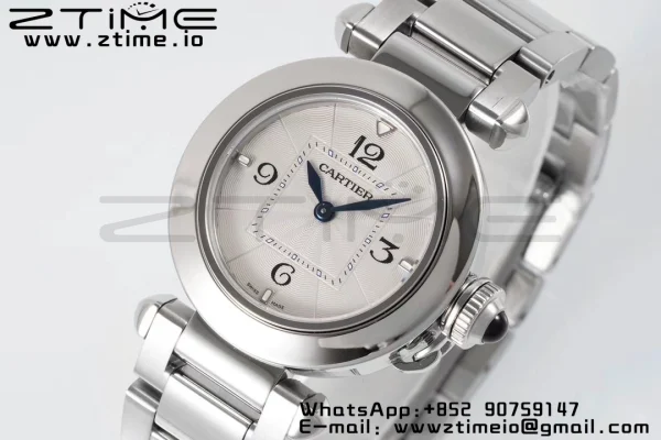 Cartier Pasha 30mm SS AF 1:1 Best Edition White Textured Dial on SS Bracelet Jaq Quartz - Super Clone Watch | 1:1 Best Version