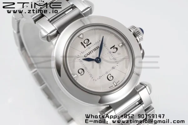 Cartier Pasha 30mm SS AF 1:1 Best Edition White Textured Dial on SS Bracelet Jaq Quartz - Super Clone Watch | 1:1 Best Version