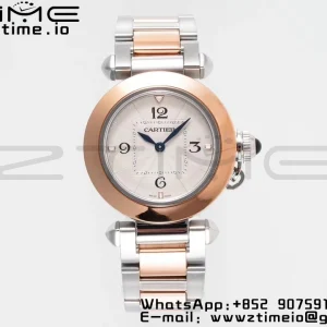 Cartier Pasha 30mm SS/RG AF 1:1 Best Edition White Textured Dial on SS/RG Bracelet Jaq Quartz - Super Clone Watch | 1:1 Best Version