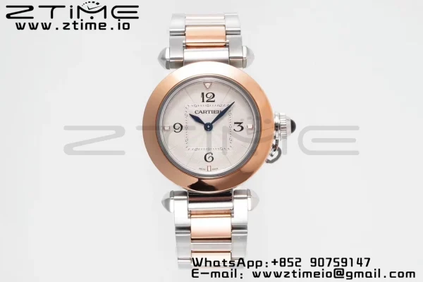 Cartier Pasha 30mm SS/RG AF 1:1 Best Edition White Textured Dial on SS/RG Bracelet Jaq Quartz - Super Clone Watch | 1:1 Best Version