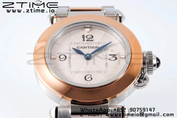 Cartier Pasha 30mm SS/RG AF 1:1 Best Edition White Textured Dial on SS/RG Bracelet Jaq Quartz - Super Clone Watch | 1:1 Best Version