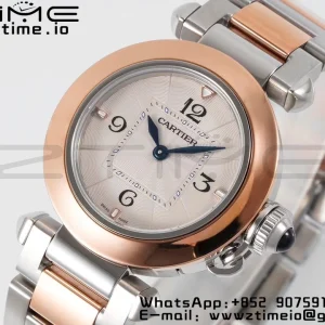 Cartier Pasha 30mm SS/RG AF 1:1 Best Edition White Textured Dial on SS/RG Bracelet Jaq Quartz - Super Clone Watch | 1:1 Best Version