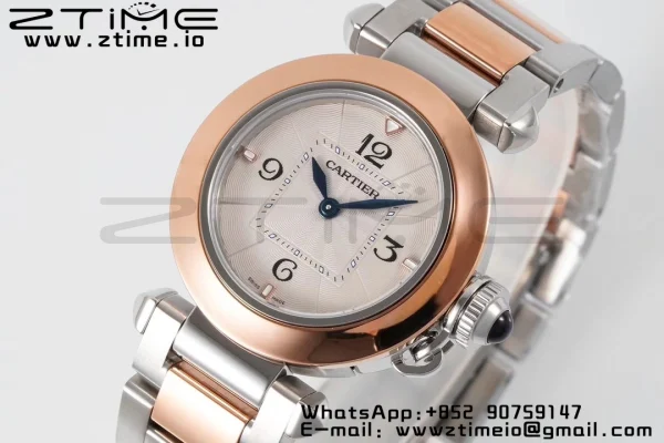 Cartier Pasha 30mm SS/RG AF 1:1 Best Edition White Textured Dial on SS/RG Bracelet Jaq Quartz - Super Clone Watch | 1:1 Best Version