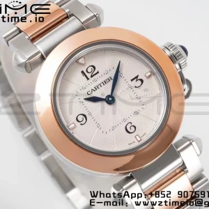 Cartier Pasha 30mm SS/RG AF 1:1 Best Edition White Textured Dial on SS/RG Bracelet Jaq Quartz - Super Clone Watch | 1:1 Best Version