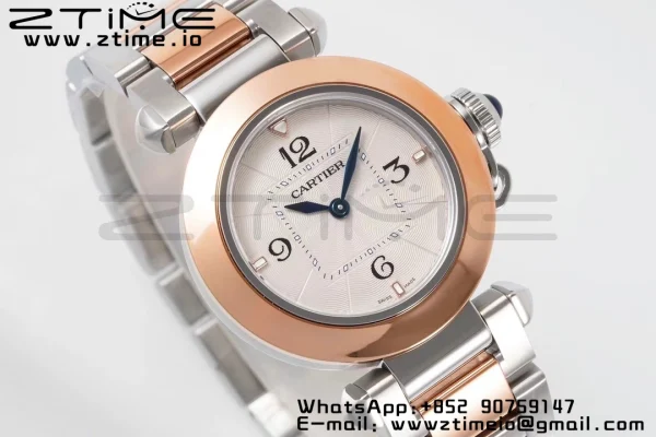 Cartier Pasha 30mm SS/RG AF 1:1 Best Edition White Textured Dial on SS/RG Bracelet Jaq Quartz - Super Clone Watch | 1:1 Best Version