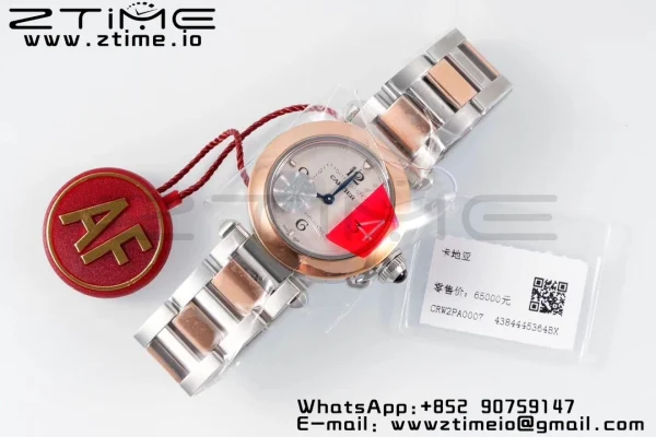 Cartier Pasha 30mm SS/RG AF 1:1 Best Edition White Textured Dial on SS/RG Bracelet Jaq Quartz - Super Clone Watch | 1:1 Best Version