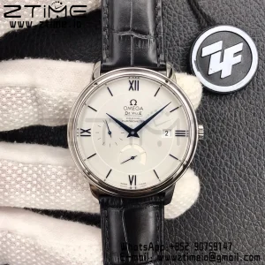 OMEGA De Ville Prestige Real PR SS ZF 1:1 Best Edition White Dial Blue Markers on Black Leather Strap MIYOTA 9015 - Super Clone Watch | 1:1 Best Version