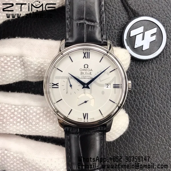 OMEGA De Ville Prestige Real PR SS ZF 1:1 Best Edition White Dial Blue Markers on Black Leather Strap MIYOTA 9015 - Super Clone Watch | 1:1 Best Version
