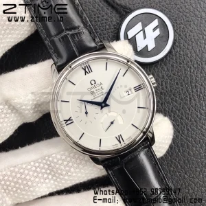 OMEGA De Ville Prestige Real PR SS ZF 1:1 Best Edition White Dial Blue Markers on Black Leather Strap MIYOTA 9015 - Super Clone Watch | 1:1 Best Version