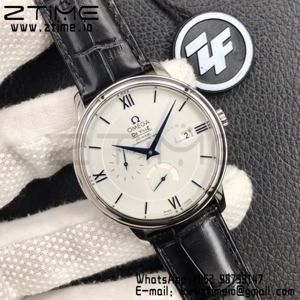 OMEGA De Ville Prestige Real PR SS ZF 1:1 Best Edition White Dial Blue Markers on Black Leather Strap MIYOTA 9015 - Super Clone Watch | 1:1 Best Version