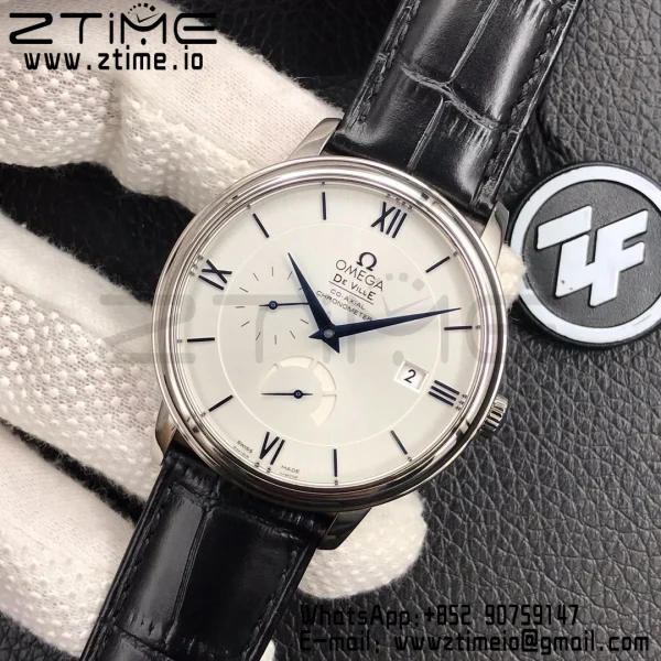 OMEGA De Ville Prestige Real PR SS ZF 1:1 Best Edition White Dial Blue Markers on Black Leather Strap MIYOTA 9015 - Super Clone Watch | 1:1 Best Version