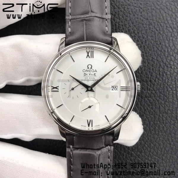 OMEGA De Ville Prestige Real PR SS ZF 1:1 Best Edition White Dial Blue Markers on Gray Leather Strap MIYOTA 9015 - Super Clone Watch | 1:1 Best Version