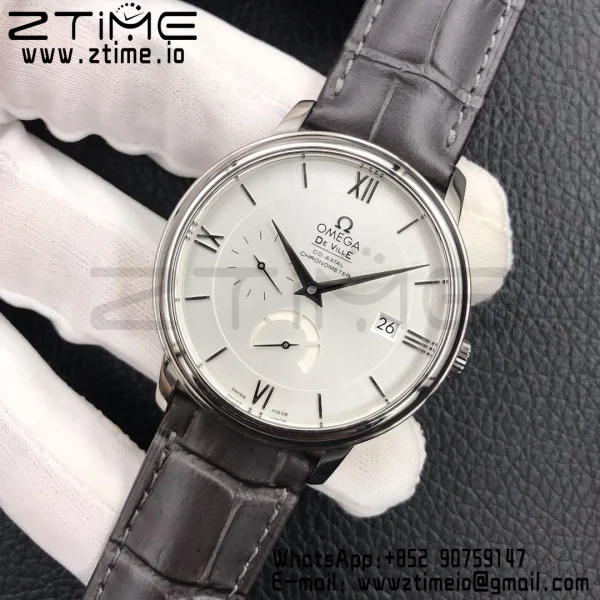 OMEGA De Ville Prestige Real PR SS ZF 1:1 Best Edition White Dial Blue Markers on Gray Leather Strap MIYOTA 9015 - Super Clone Watch | 1:1 Best Version