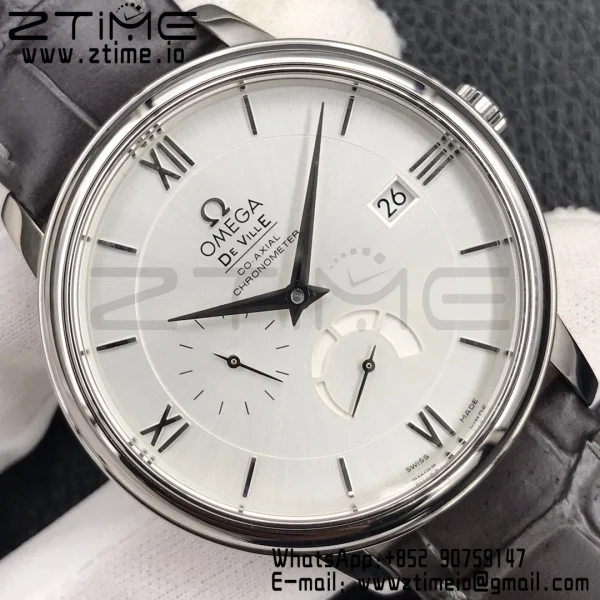 OMEGA De Ville Prestige Real PR SS ZF 1:1 Best Edition White Dial Blue Markers on Gray Leather Strap MIYOTA 9015 - Super Clone Watch | 1:1 Best Version