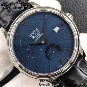 OMEGA De Ville Prestige Real PR SS ZF 1:1 Best Edition Blue Dial on BlackLeather Strap MIYOTA 9015 - Super Clone Watch | 1:1 Best Version