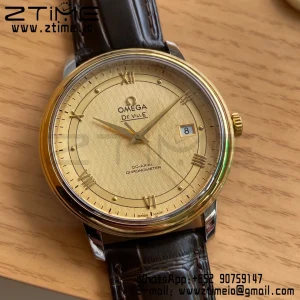 OMEGA De Ville Prestige 39.5mm YG/SS A+F 1:1 Best Edition Yellow Dial YG Markers on Black Leather Strap A2500 - Super Clone Watch | 1:1 Best Version