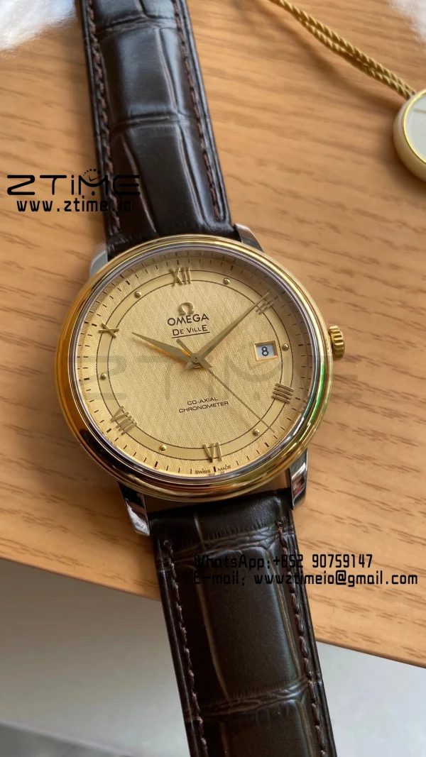 OMEGA De Ville Prestige 39.5mm YG/SS A+F 1:1 Best Edition Yellow Dial YG Markers on Black Leather Strap A2500 - Super Clone Watch | 1:1 Best Version