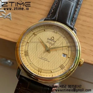 OMEGA De Ville Prestige 39.5mm YG/SS A+F 1:1 Best Edition Yellow Dial YG Markers on Black Leather Strap A2500 - Super Clone Watch | 1:1 Best Version