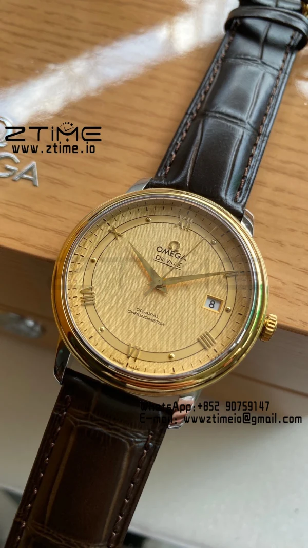 OMEGA De Ville Prestige 39.5mm YG/SS A+F 1:1 Best Edition Yellow Dial YG Markers on Black Leather Strap A2500 - Super Clone Watch | 1:1 Best Version