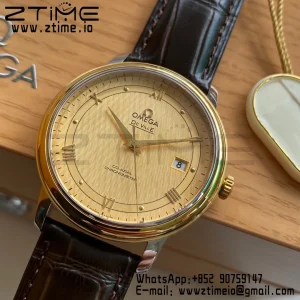 OMEGA De Ville Prestige 39.5mm YG/SS A+F 1:1 Best Edition Yellow Dial YG Markers on Black Leather Strap A2500 - Super Clone Watch | 1:1 Best Version