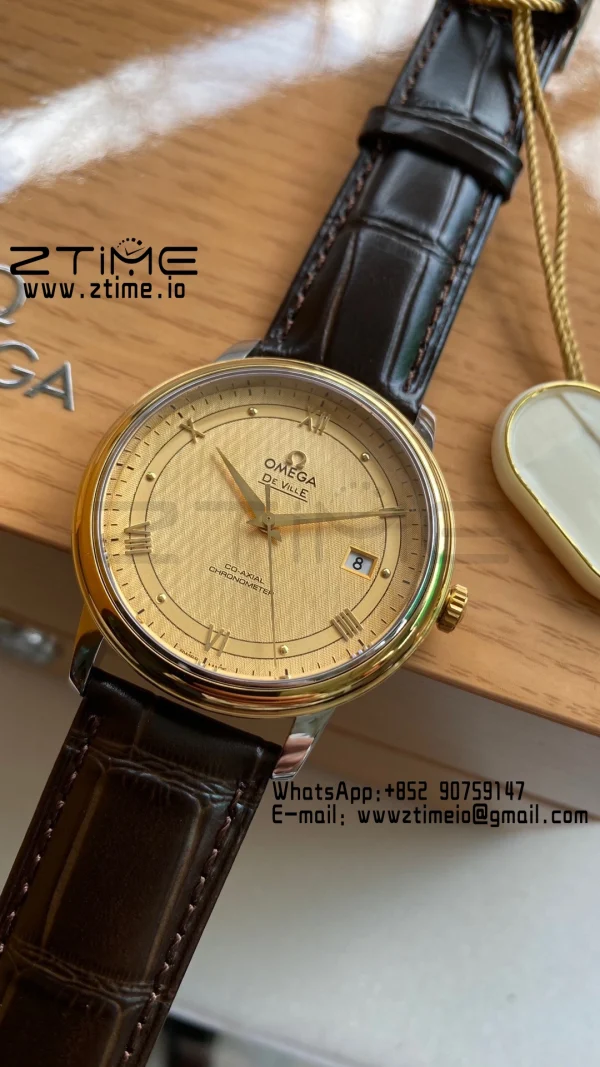 OMEGA De Ville Prestige 39.5mm YG/SS A+F 1:1 Best Edition Yellow Dial YG Markers on Black Leather Strap A2500 - Super Clone Watch | 1:1 Best Version