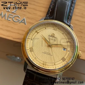 OMEGA De Ville Prestige 39.5mm YG/SS A+F 1:1 Best Edition Yellow Dial YG Markers on Black Leather Strap A2500 - Super Clone Watch | 1:1 Best Version
