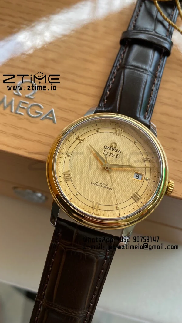 OMEGA De Ville Prestige 39.5mm YG/SS A+F 1:1 Best Edition Yellow Dial YG Markers on Black Leather Strap A2500 - Super Clone Watch | 1:1 Best Version