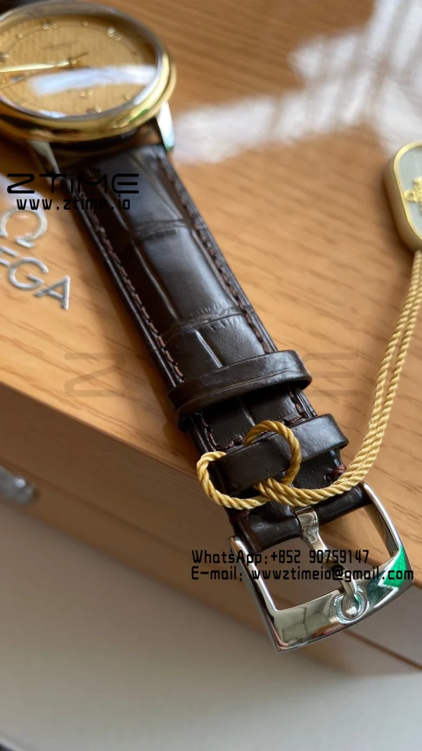 OMEGA De Ville Prestige 39.5mm YG/SS A+F 1:1 Best Edition Yellow Dial YG Markers on Black Leather Strap A2500 - Super Clone Watch | 1:1 Best Version