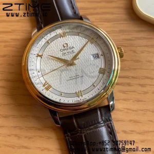 OMEGA De Ville Prestige 39.5mm YG/SS A+F 1:1 Best Edition White Dial YG Markers on Brwon Leather Strap A2500 - Super Clone Watch | 1:1 Best Version