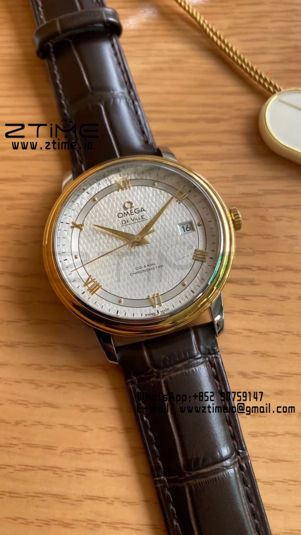 OMEGA De Ville Prestige 39.5mm YG/SS A+F 1:1 Best Edition White Dial YG Markers on Brwon Leather Strap A2500 - Super Clone Watch | 1:1 Best Version