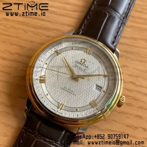 OMEGA De Ville Prestige 39.5mm YG/SS A+F 1:1 Best Edition White Dial YG Markers on Brwon Leather Strap A2500 - Super Clone Watch | 1:1 Best Version