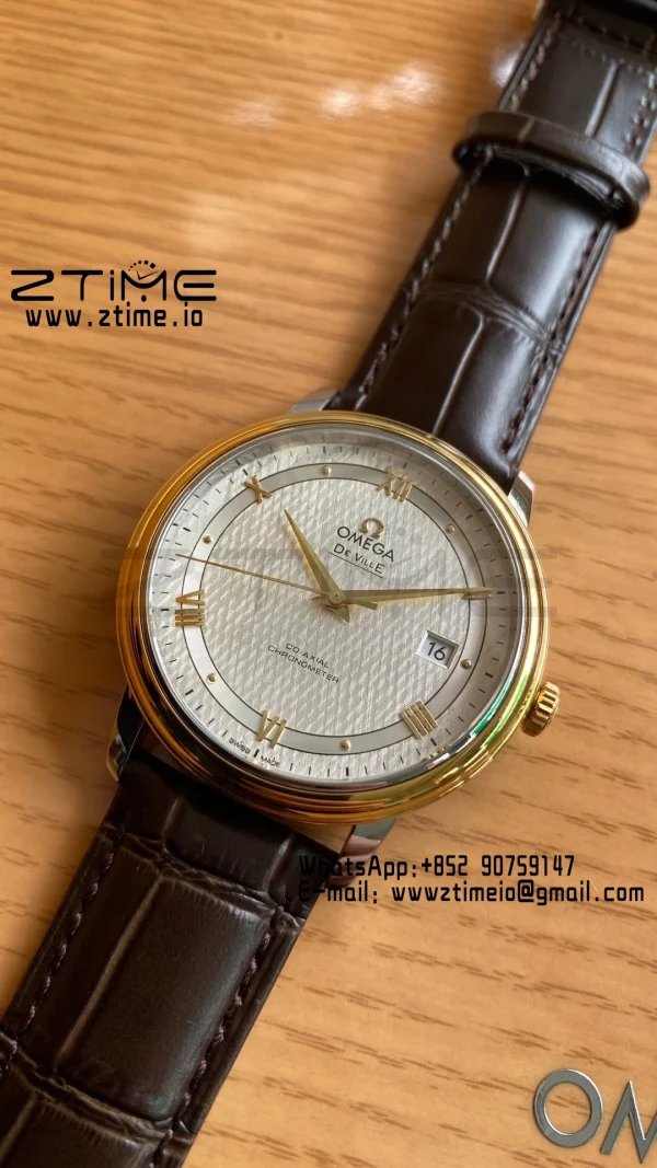 OMEGA De Ville Prestige 39.5mm YG/SS A+F 1:1 Best Edition White Dial YG Markers on Brwon Leather Strap A2500 - Super Clone Watch | 1:1 Best Version