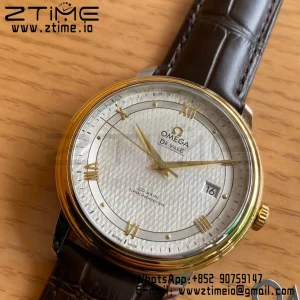 OMEGA De Ville Prestige 39.5mm YG/SS A+F 1:1 Best Edition White Dial YG Markers on Brwon Leather Strap A2500 - Super Clone Watch | 1:1 Best Version