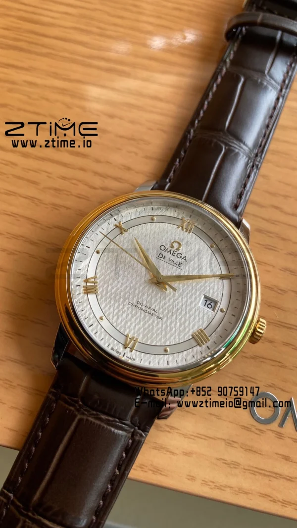OMEGA De Ville Prestige 39.5mm YG/SS A+F 1:1 Best Edition White Dial YG Markers on Brwon Leather Strap A2500 - Super Clone Watch | 1:1 Best Version