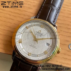 OMEGA De Ville Prestige 39.5mm YG/SS A+F 1:1 Best Edition White Dial YG Markers on Brwon Leather Strap A2500 - Super Clone Watch | 1:1 Best Version