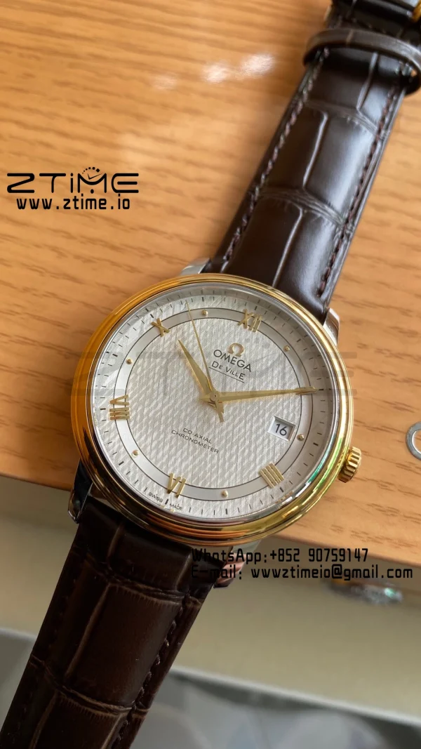 OMEGA De Ville Prestige 39.5mm YG/SS A+F 1:1 Best Edition White Dial YG Markers on Brwon Leather Strap A2500 - Super Clone Watch | 1:1 Best Version