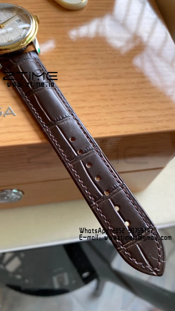 OMEGA De Ville Prestige 39.5mm YG/SS A+F 1:1 Best Edition White Dial YG Markers on Brwon Leather Strap A2500 - Super Clone Watch | 1:1 Best Version