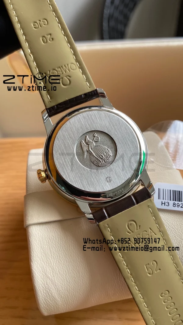 OMEGA De Ville Prestige 39.5mm YG/SS A+F 1:1 Best Edition White Dial YG Markers on Brwon Leather Strap A2500 - Super Clone Watch | 1:1 Best Version