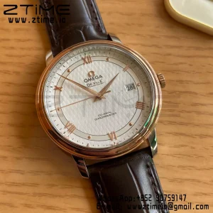 OMEGA De Ville Prestige 39.5mm RG/SS A+F 1:1 Best Edition White Dial RG Markers on Brwon Leather Strap A2500 - Super Clone Watch | 1:1 Best Version