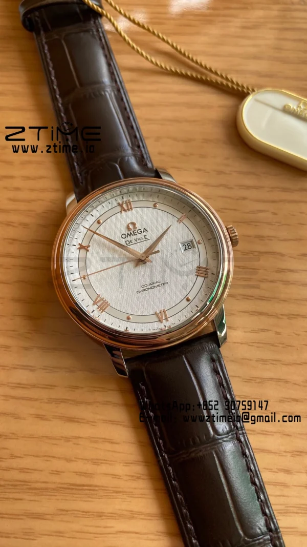 OMEGA De Ville Prestige 39.5mm RG/SS A+F 1:1 Best Edition White Dial RG Markers on Brwon Leather Strap A2500 - Super Clone Watch | 1:1 Best Version