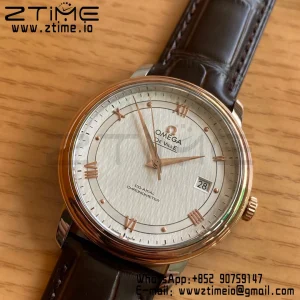 OMEGA De Ville Prestige 39.5mm RG/SS A+F 1:1 Best Edition White Dial RG Markers on Brwon Leather Strap A2500 - Super Clone Watch | 1:1 Best Version
