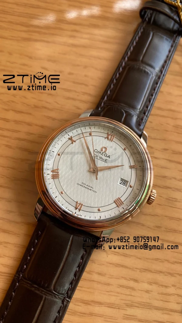 OMEGA De Ville Prestige 39.5mm RG/SS A+F 1:1 Best Edition White Dial RG Markers on Brwon Leather Strap A2500 - Super Clone Watch | 1:1 Best Version
