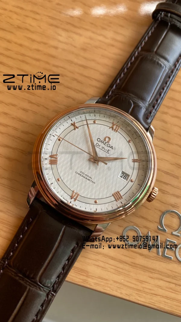 OMEGA De Ville Prestige 39.5mm RG/SS A+F 1:1 Best Edition White Dial RG Markers on Brwon Leather Strap A2500 - Super Clone Watch | 1:1 Best Version
