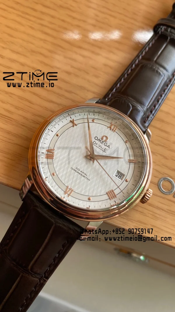 OMEGA De Ville Prestige 39.5mm RG/SS A+F 1:1 Best Edition White Dial RG Markers on Brwon Leather Strap A2500 - Super Clone Watch | 1:1 Best Version