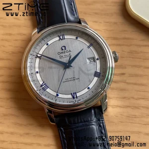 OMEGA De Ville Prestige 39.5mm SS A+F 1:1 Best Edition White Dial Blue Markers on Blue Leather Strap A2500 - Super Clone Watch | 1:1 Best Version